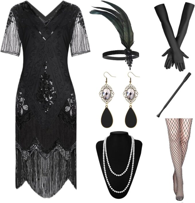 1920S Women Flapper Dress V Neck Sequin Beaded Fringed Dress With Roaring 20s Accessories