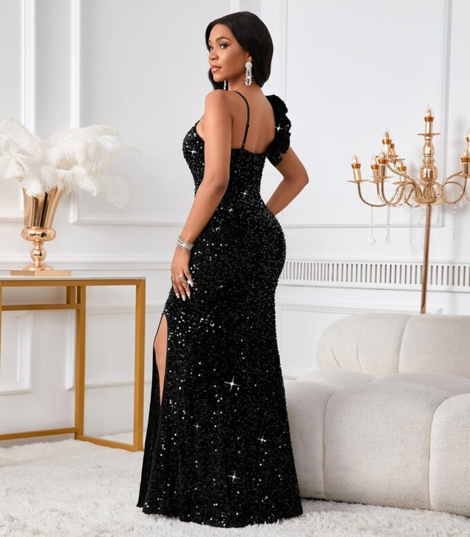 Cololura Women Sexy Elegant Sequin High Split Ruffled Hem Mermaid Party Cocktail Bodycon Formal Evening Gowns Maxi Dress – Bild 6