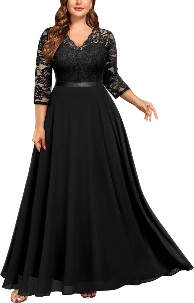 Miusol Women's Formal Floral Lace V Neck Plus Size Bridesmaid Party Maxi Dress