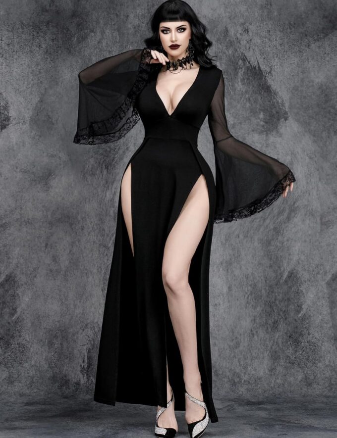 Women Gothic V Neck High Slit Witch Sleeve Lace Patchwork Ghost Bridal Goth Dress – Bild 6