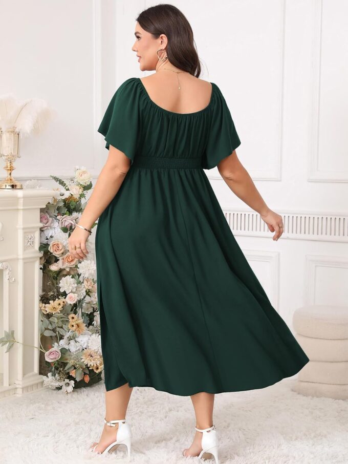 Women Plus Size Dress Wedding Guest Formal Ruffle Short Sleeve Square Neck Smocked Flowy A Line Slit Maxi Dresses – Bild 3