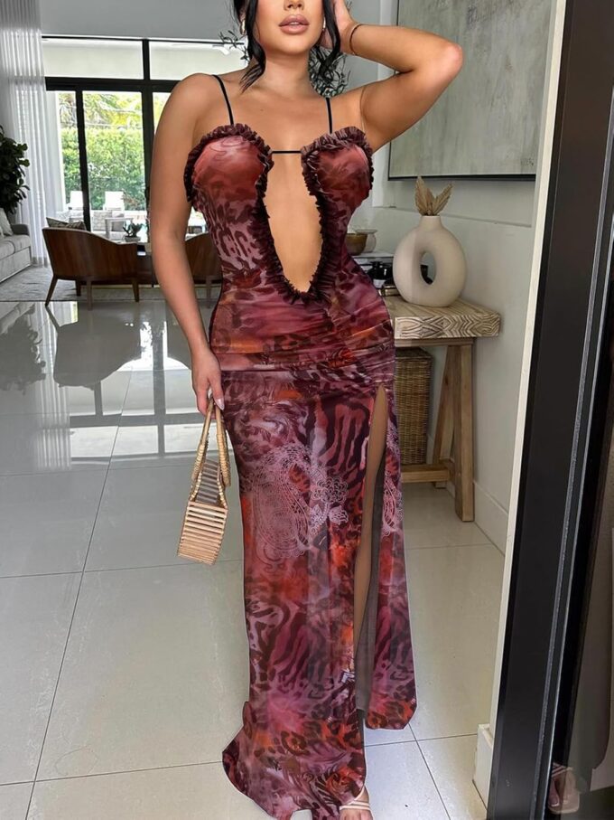 Uni Clau Women Sexy Mesh Sheer Maxi Dress Y2k See Through Low Cut Backless Bodycon Fitted High Slit Long Dress Party Dresses – Bild 4
