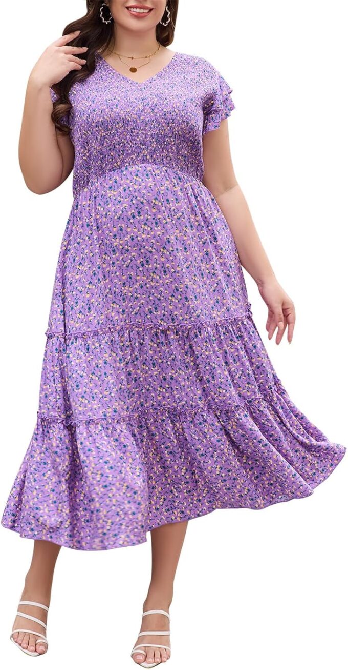Keluummi Plus Size Summer Maxi Wedding Guest Dress for Curvy Women, Boho A Line Long Sundress, Flutter Sleeve, Pocket