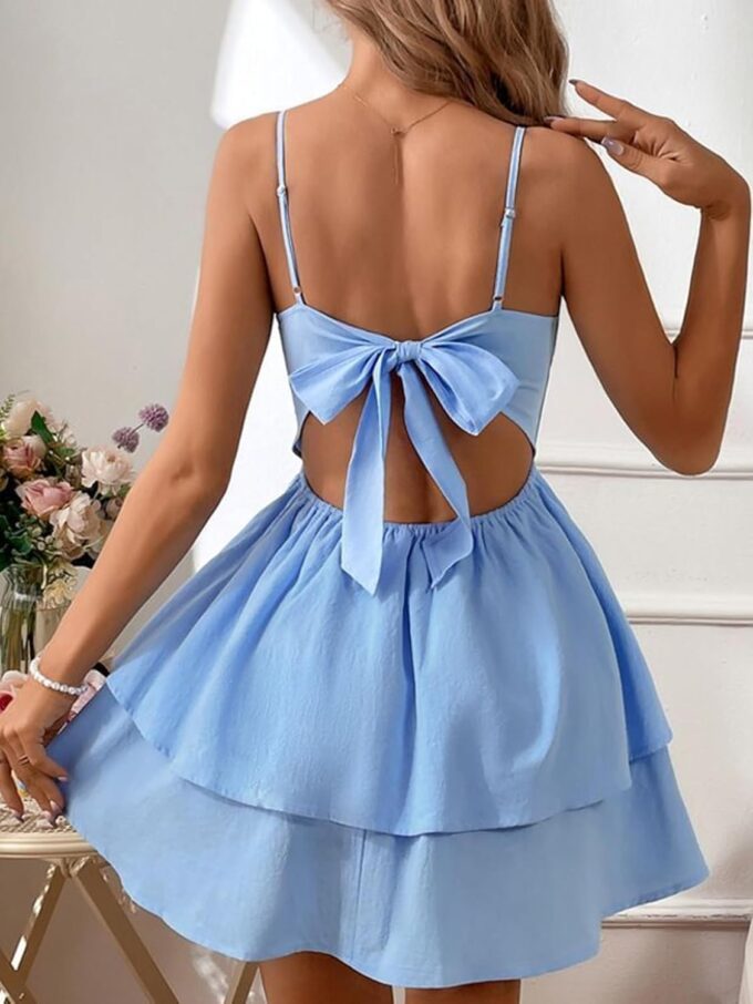Women's Backless Bow Tie Short Dress Short A Line Tiered Ruffle Fit and Flared Beach Wedding Guest Dress – Bild 2