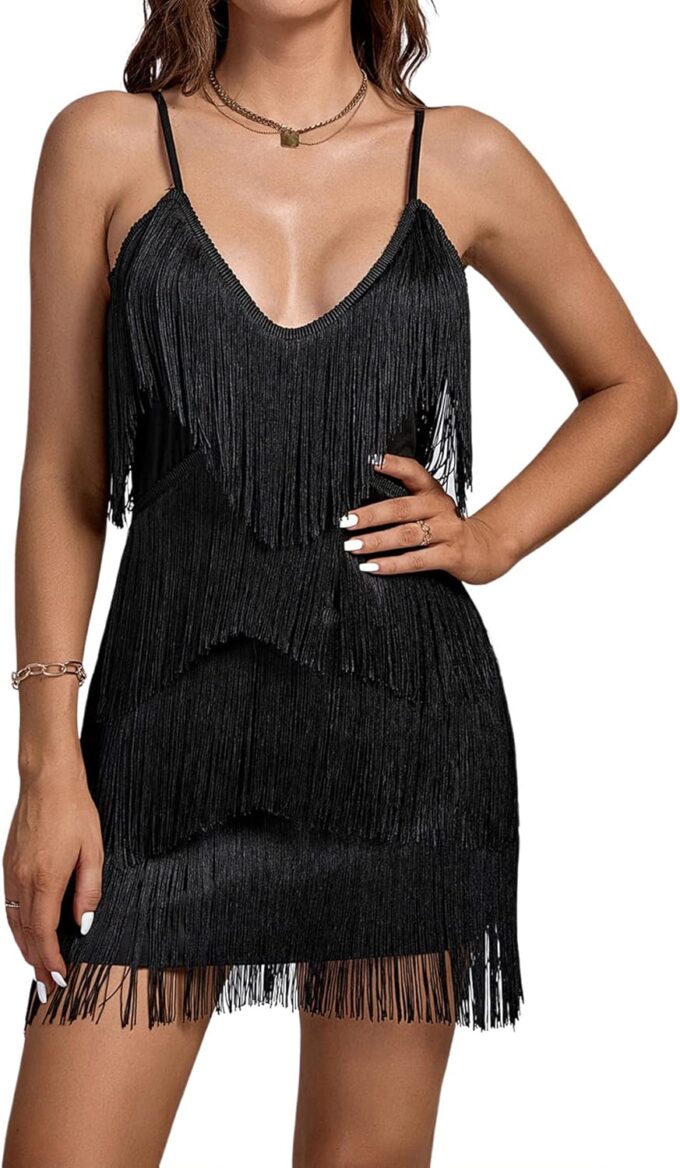 Umenlele Women's Layered Fringe Deep V Neck Cami Mini Dress Sleeveless Tassels Flapper Dresses – Bild 4