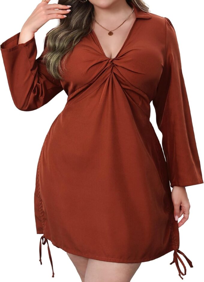 Women‘s Plus Size Dress Long Sleeve V Neck A Line Mini Short Cocktail Summer Casual Dress