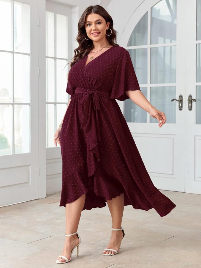 SCOMCHIC Women's Plus Size Summer Dresses Short Sleeve Wrap V Neck Swiss Dot Boho High Low Split Ruffle Maxi Dress – Bild 6