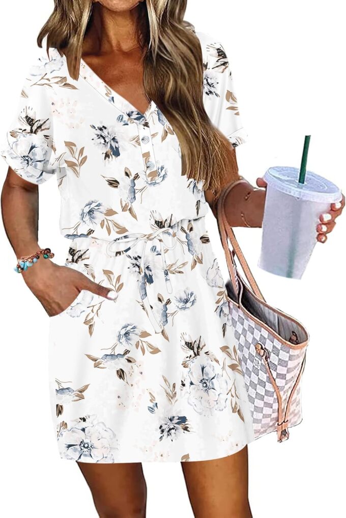 AUSELILY Womens Summer Dress 2025 Casual Short Sleeve Sundress V Neck Tie Button Beach Swing Dresses with Pockets – Bild 2
