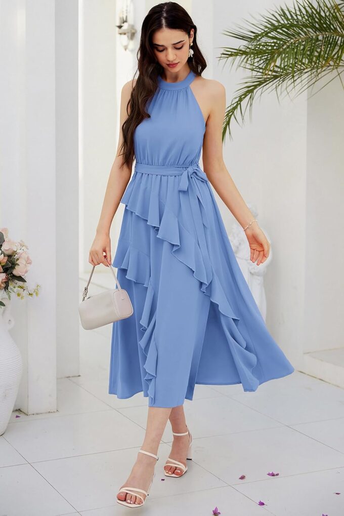 GRACE KARIN Women's 2024 Summer Sleeveless Halter Neck Ruffle Hem Split Flowy Swing Long Midi Dress with Belt – Bild 4