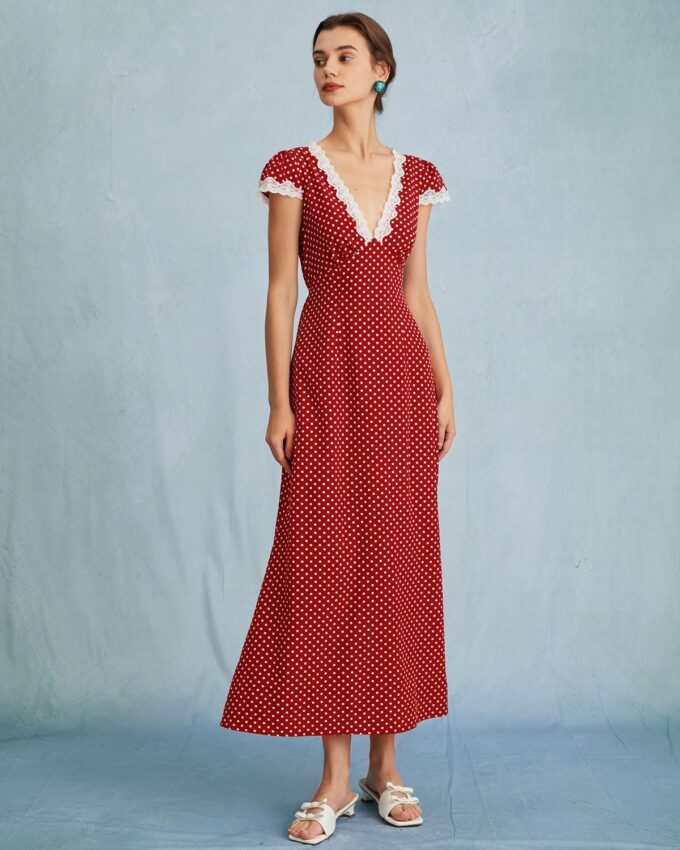 Women Summer Dresses Deep V Neck Polka Dot Prined Splice Lace Dress Elegant Cotton for Party – Bild 3