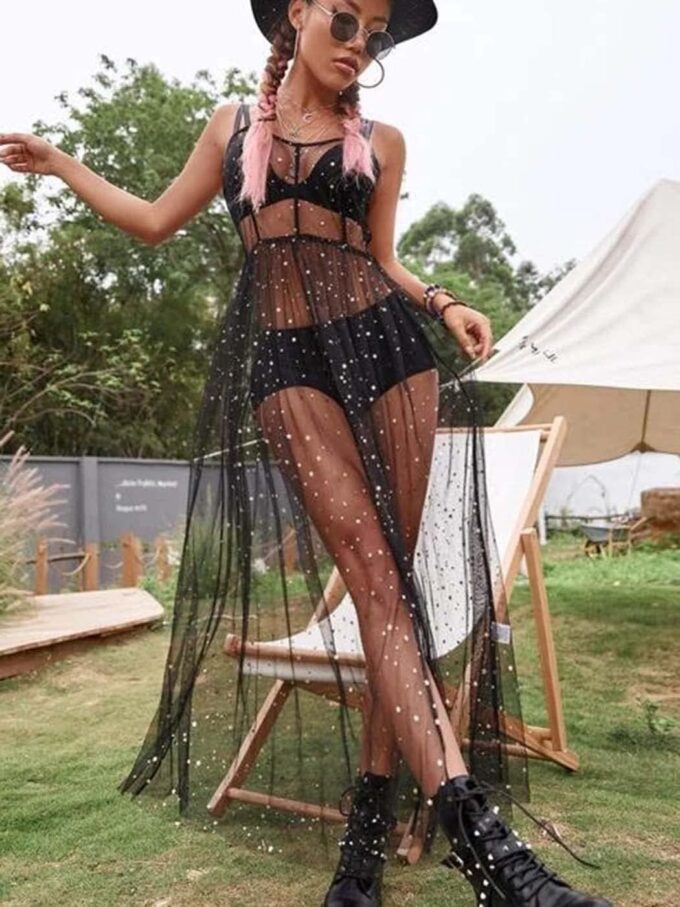 GRAEEN Black See Through Dress Sheer Mesh Rave Outfits Long Dresses for Women – Bild 3