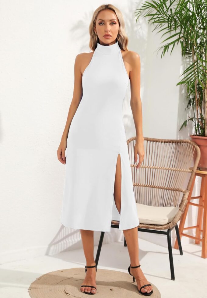ALENDA DANMOS Women's Sleeveless Bodycon Halter High Neck Midi Dress Thigh High Slit Cocktail Party Dress 193 – Bild 6