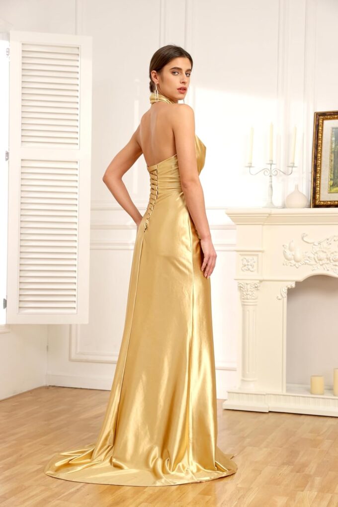 Halter Satin Bridesmaid Dresses Long Mermaid Prom Dress for Women Formal Party Evening Gown with Slit BD1 – Bild 3