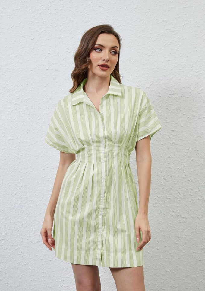 Women Button Down Pleated Shirt Dress Striped Short Sleeve Summer Casual Business Flowy Mini Short Dress – Bild 2