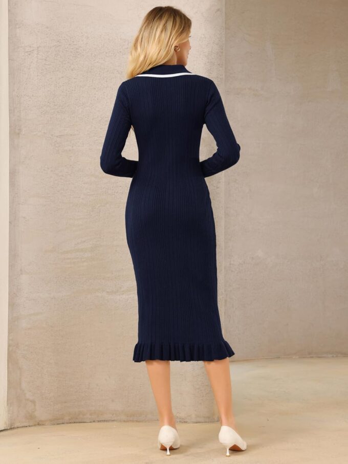 Hobemty Langärmeliges Pulloverkleid für Damen, Kontrastbesatz, gerüscht, Herbst, Winter, gerippt, figurbetont – Bild 5