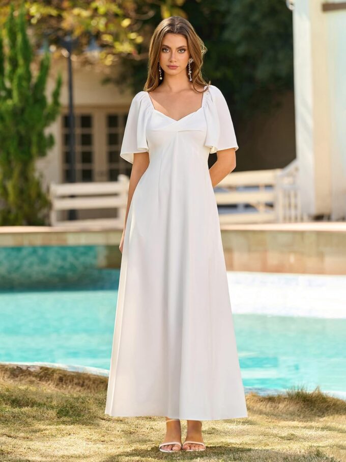 KUTUMAI Summer Maxi Dresses for Women 2025 V Neck Short Sleeve Bow Tie Flowy Long Formal Wedding Guest Dress with Pockets – Bild 4