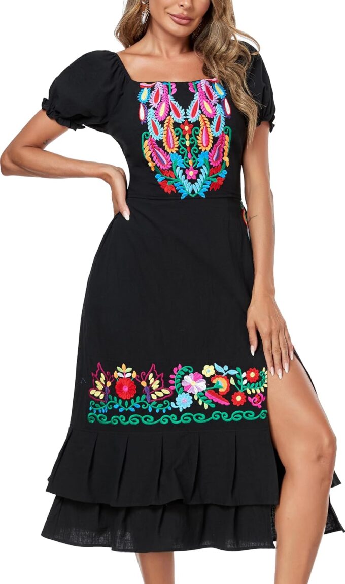 YZXDORWJ Women's Mexican Dress Boho Embroidered Sexy Ruffle Maxi Dress Short Sleeve Summer Beach Swing Wedding Party Dresses – Bild 9