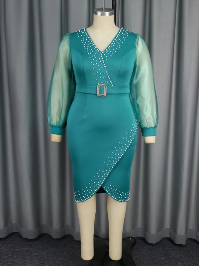 AOMEI Damen V-Ausschnitt Perlen Tüll Langarm Tulpen Saum Wickelkleid Gürtel Schnalle Etuikleid Büro Urlaub Party Kleider – Bild 6