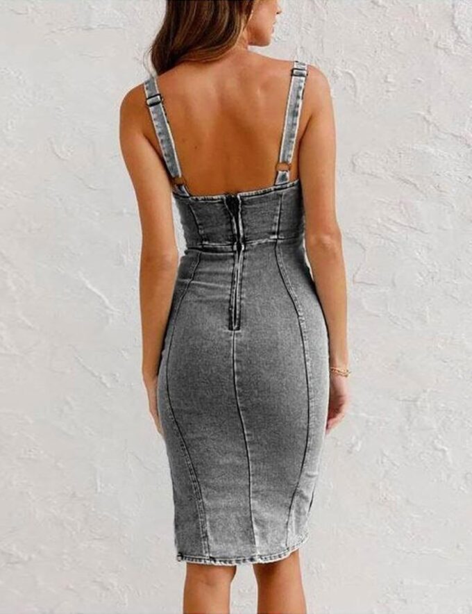 Yvipette Women's Sexy Slim Denim Pinafore Distressed Side Slit Zip Mid-Long Jean Dress Bodycon – Bild 4