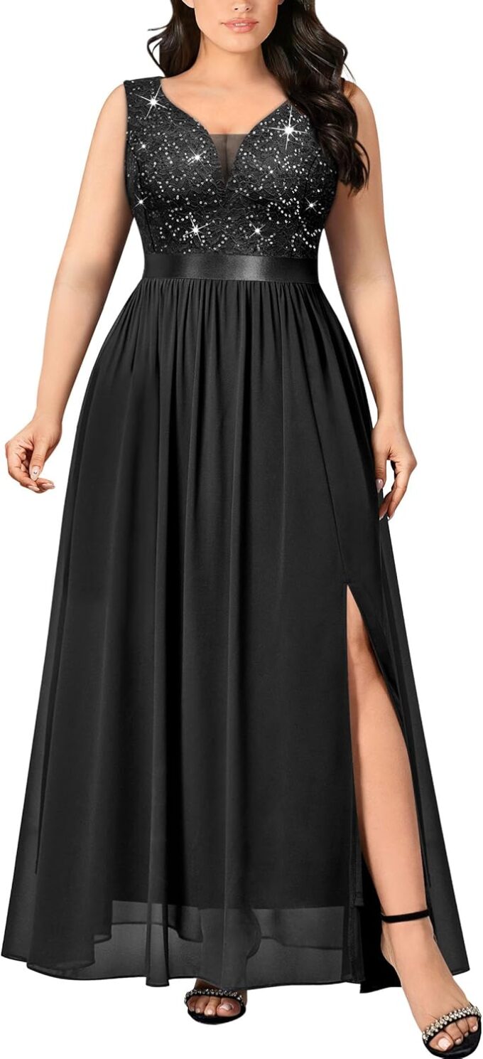 MISSMAY Women's Plus Size Sequined Lace Deep V-Neck Sleeveless Slit Formal Evening Party Maxi Dress