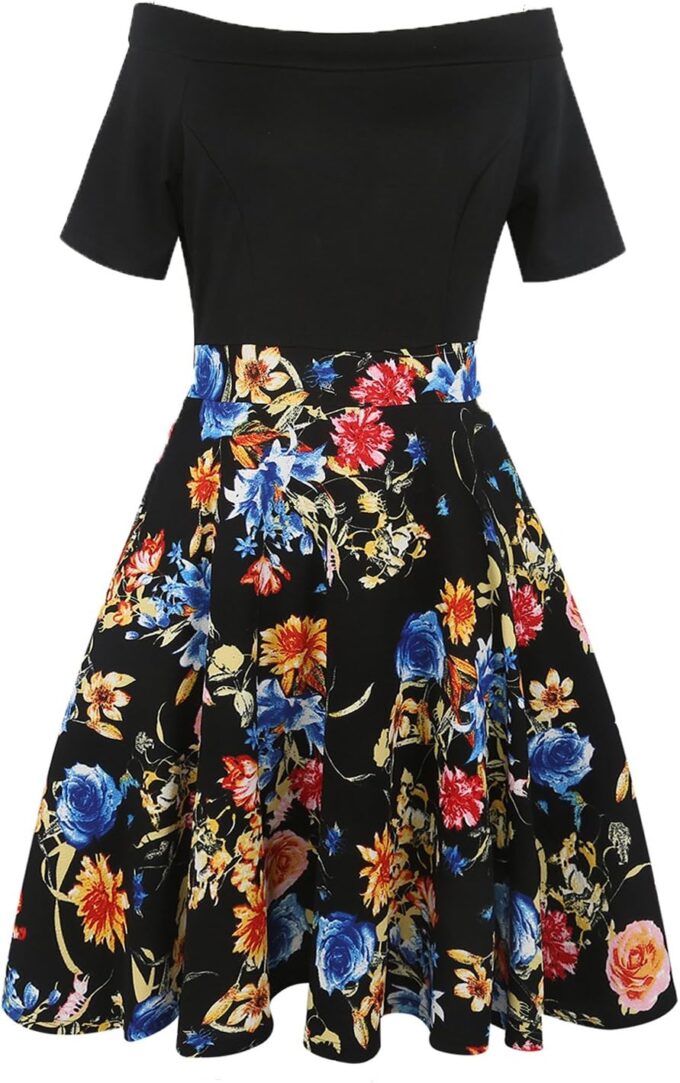 oxiuly Women's Vintage Off Shoulder Pockets Casual Floral A-Line Party Cocktail Swing Dress OX232 – Bild 2