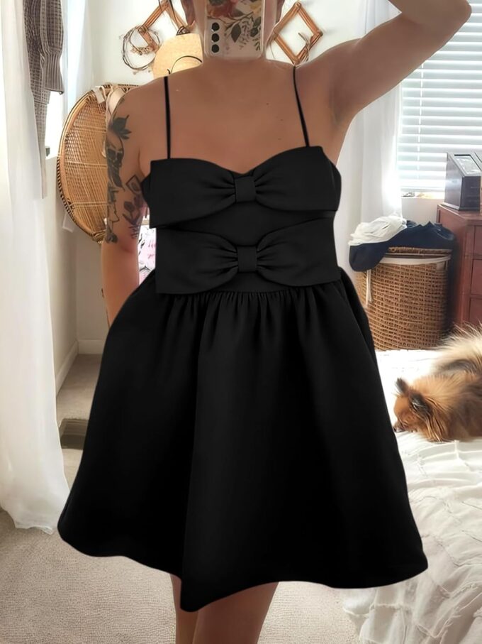 Yousify Womens Cute Bow Mini Dresses Summer Spaghetti Strap A Line Backless Smocked Babydoll Party Dress – Bild 6