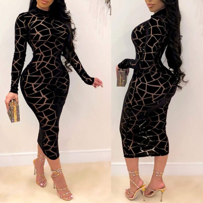 Uni Clau Women Sexy Sheer Mesh Boydcon Midi Dress See Through Printed Long Sleeve Midi Skinny Clubwear Party Dress – Bild 3