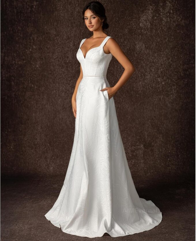 Jacquard Bride Wedding Dress with Pocket,Elegant Royal Style Wedding Gown Back of Adjustable Lightweight Dresses – Bild 2