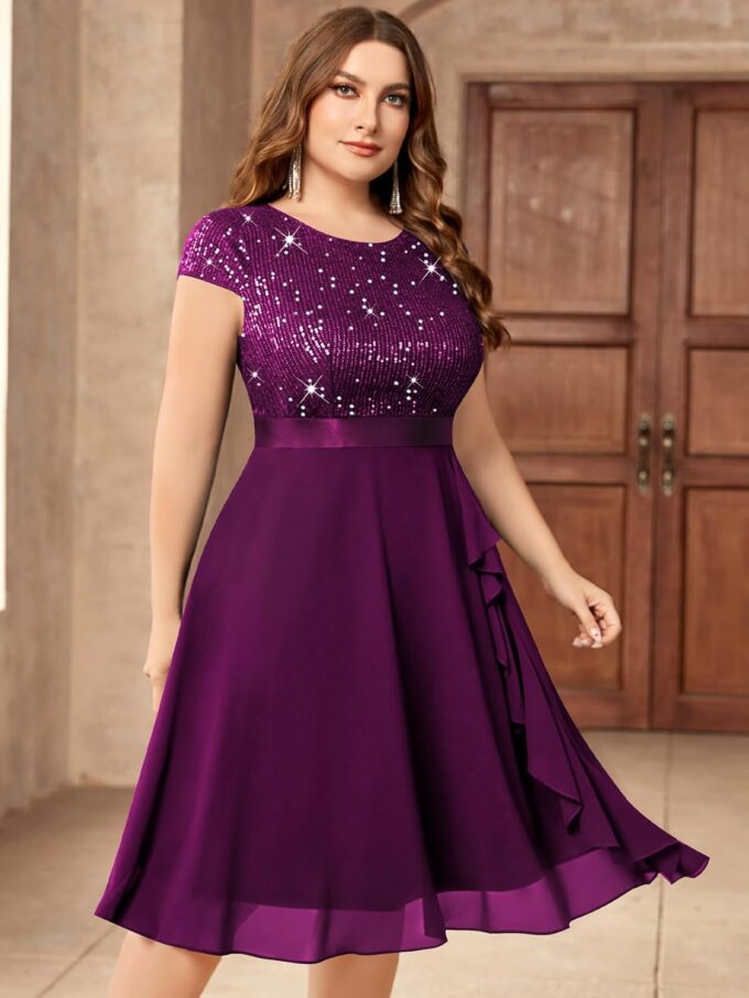 Knitee Women's Plus Size Elegant Sequin Glitter Chiffon Ruffle Style Cocktail Prom Flowy Dress – Bild 3