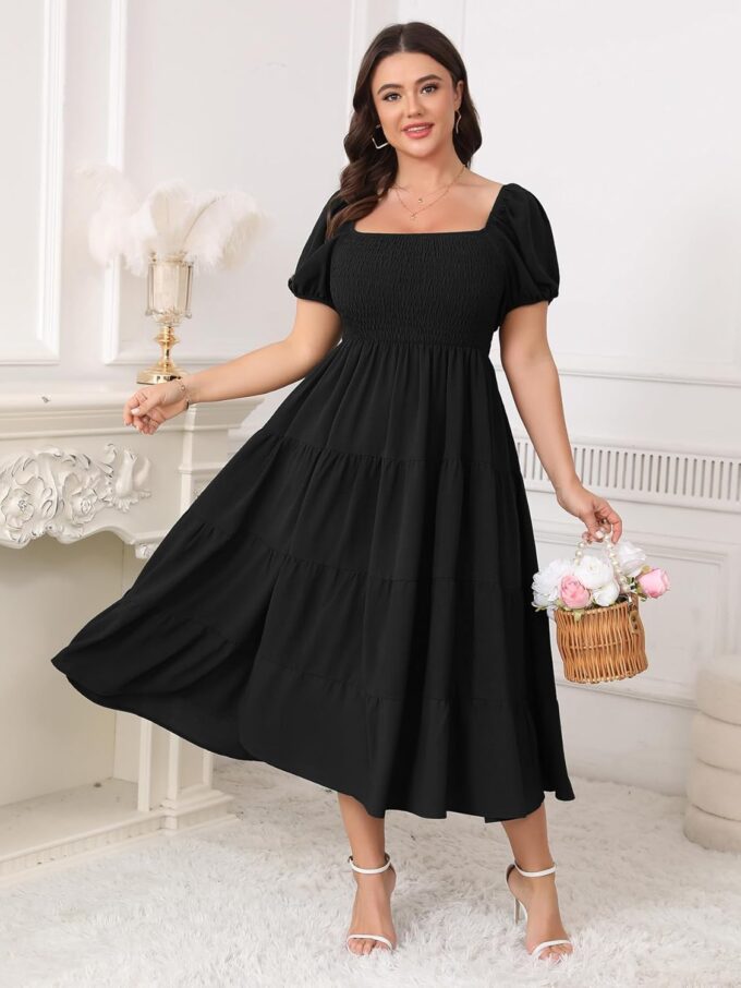 Womens Plus Size Casual Dress Short Puff Sleeve Square Neck Smocked Tiered Summer A Line Flowy Long Maxi Dresses – Bild 2