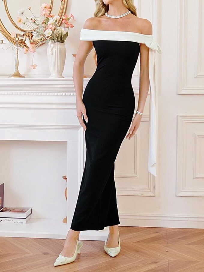 Women Sexy Tight Slit Back Knit Cocktail Dress Elegant Black and White Splicing Off The Shoulder Maxi Dress – Bild 4