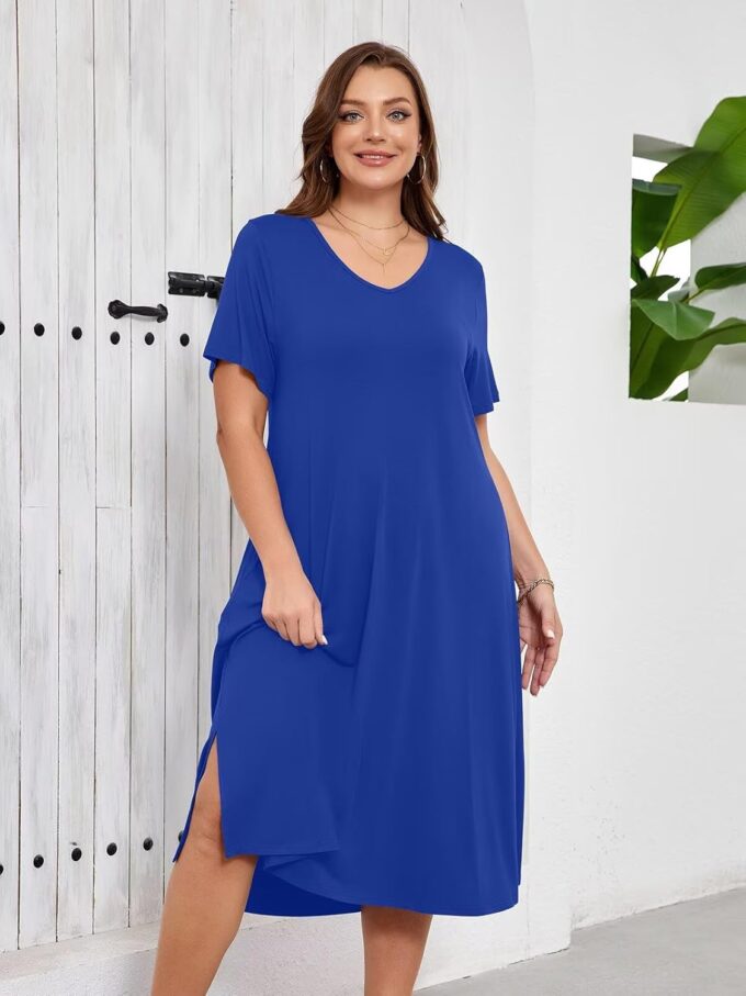 BELAROI Women Plus Size Dresses Summer Casual Loose Midi Tshirt Dress V Neck Short Sleeve Sundress Beach Cover Ups Pockets – Bild 2