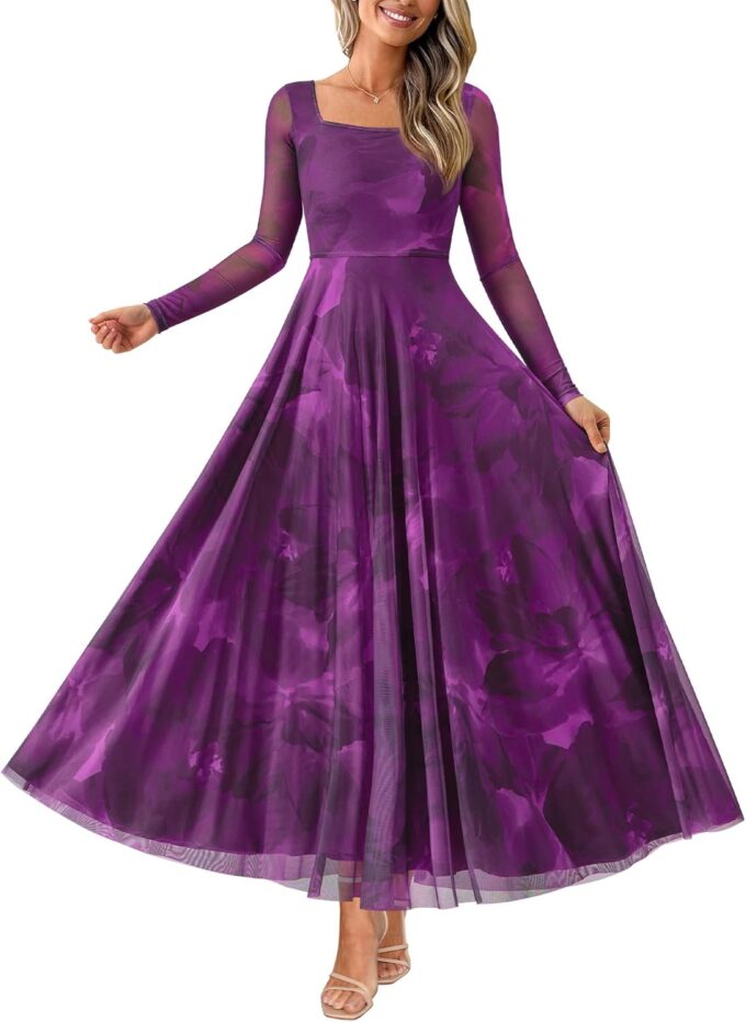BTFBM Women Maxi Dress Fall 2025 Fashion Elegant Long Sleeve Square Neck Floral Print Party Club Wedding Guest Dresses