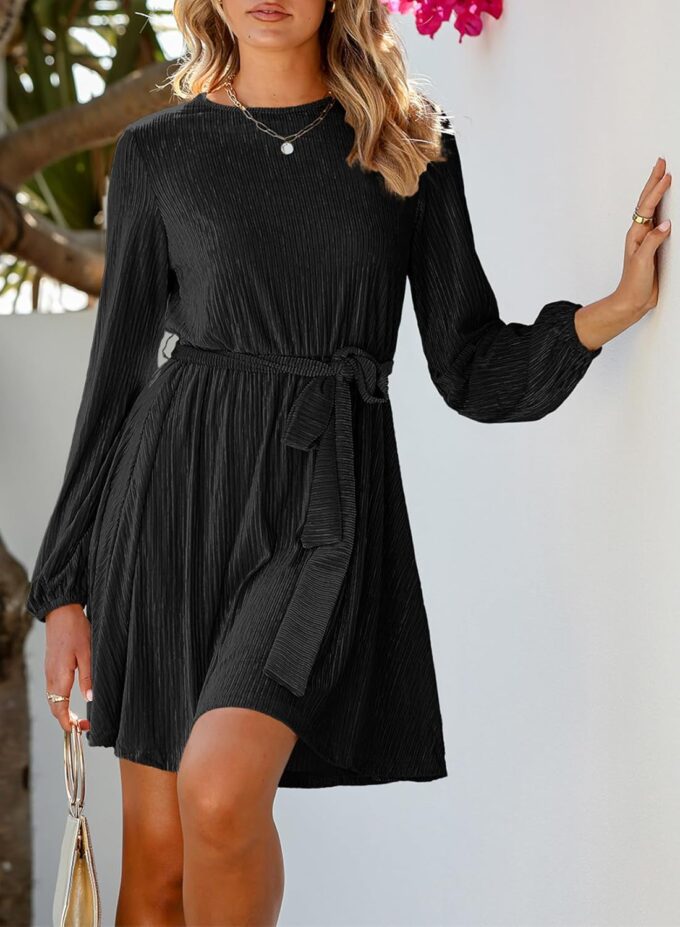 Happy Sailed Women's Velvet Dress Fall Fashion Lantern Sleeve High Waist A-Line Skater Cocktail Party Dresses with Belt – Bild 3