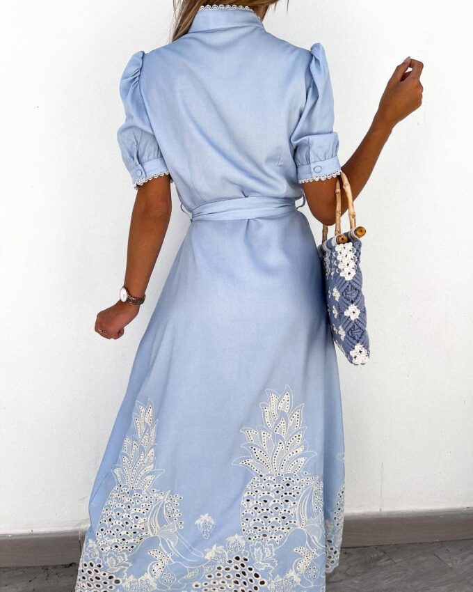 utcoco Women's Embroidered Eyelet Shirt Dresses Belted Puff Sleeve Button Down Swing Boho Cotton Maxi Shirt Dress – Bild 3