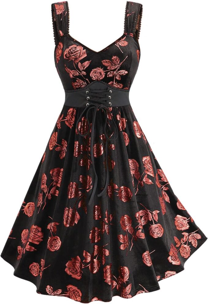 Rosegal Women Plus Size Gilding Rose Lace Up Velvet Sleeveless Swing Dress – Bild 2
