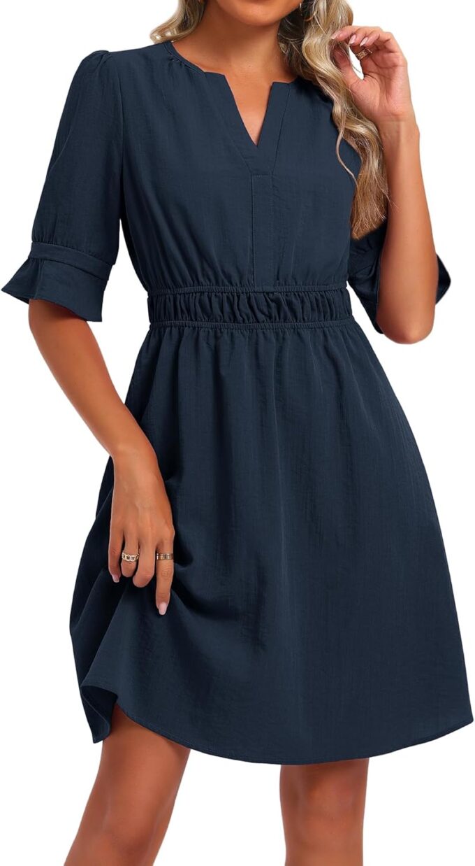 Loemes Womens Casual Work Drop Waist Sunresses Business V Neck Midi Ruffle Sleeve Solid Color Flowy Summer Dress with Pockets