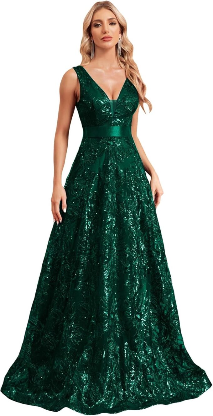 Sleeveless Glitter Sequined Womens Long Formal Gown Aline Prom Dress for Anchorwoman Floor Length Evening Dress