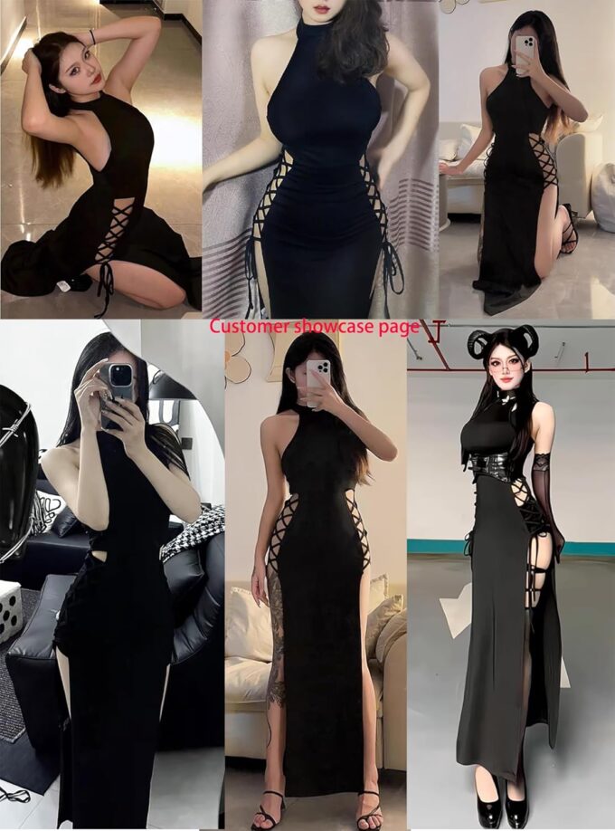 Mingnos Sexy Black Goth Dress for Women, Sleeveless Cutout Side Crisscross High Slit Dresses Cosplay Festival Rave Outfits – Bild 5