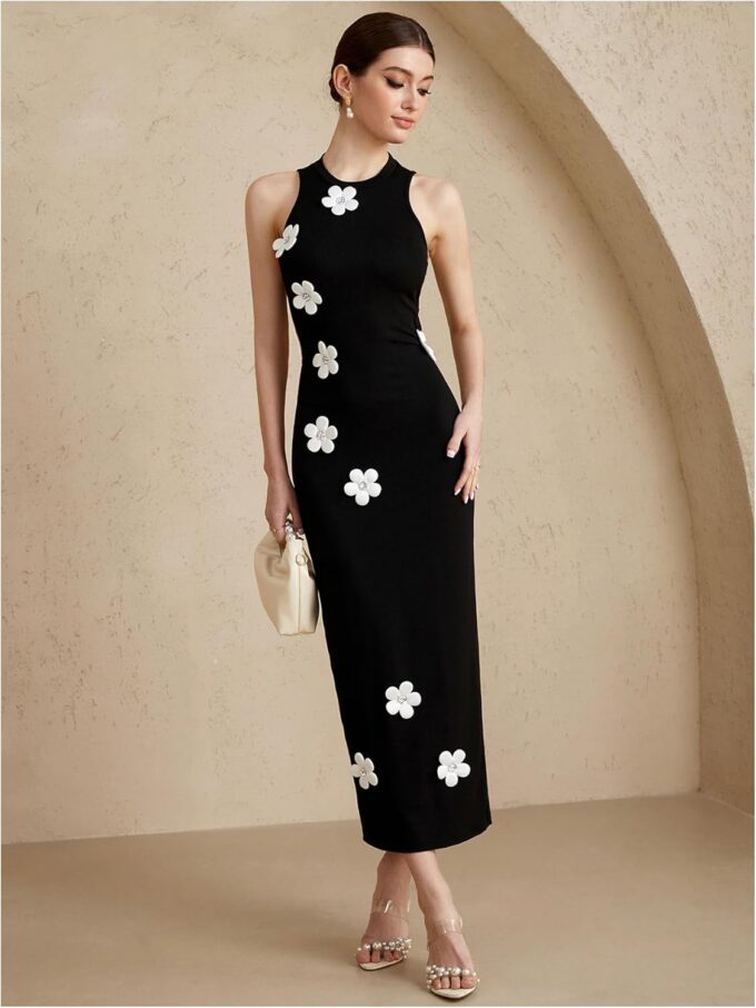 Women's 3D Floral Sleeveless Dress Crew Neck Cut Out Bodycon Going Out Maxi Dresses – Bild 4