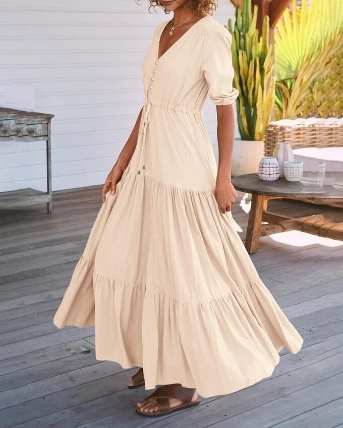BTFBM Women Summer Dresses Short Sleeves V Neck Button Drawstring Maxi Dresses Solid Color Boho Long Dresses – Bild 4