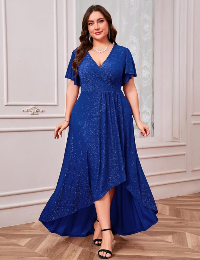 ZOMVA Plus Size 1X-4X Sparkly Glitter Formal Maxi A Line Dress Sparkle Wrap Ruffle Sleeve Prom Dresses Cocktail Evening Gown – Bild 4