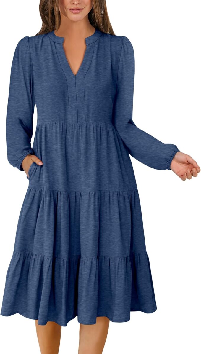 ANRABESS Long Sleeve Dress for Women V Neck 2025 Fall Fashion Casual Loose Fit Flowy Swing Tiered Vacation Dresses