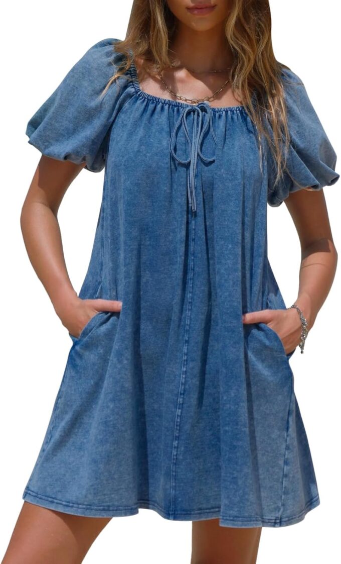 EXLURA Womens Summer Denim Short Puff Sleeve Dresses Knit Loose Plus Size Short Mini Dress 2025 Trendy Outfit