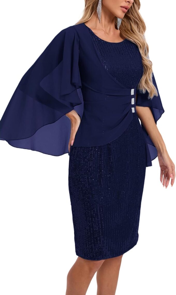 Womens Sequin Cocktail Party Dress Elegance Chiffon Midi Dresses Cape Sleeve Bodycon Dress with Ruffle Asymmetrical Over – Bild 6