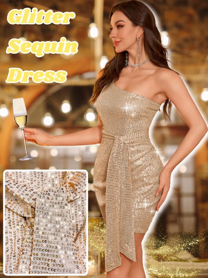 Kaei&Shi Sequin Cocktail Dress,One Shoulder Tie Front Sparkly Mini Dresses Women,Sexy Holiday Party Outfit Homecoming Nye – Bild 2