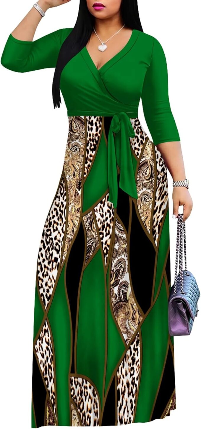 Plus Size Dresses for Women Print Maxi Dresses Flowy 3/4 Sleeve with Belt – Bild 2
