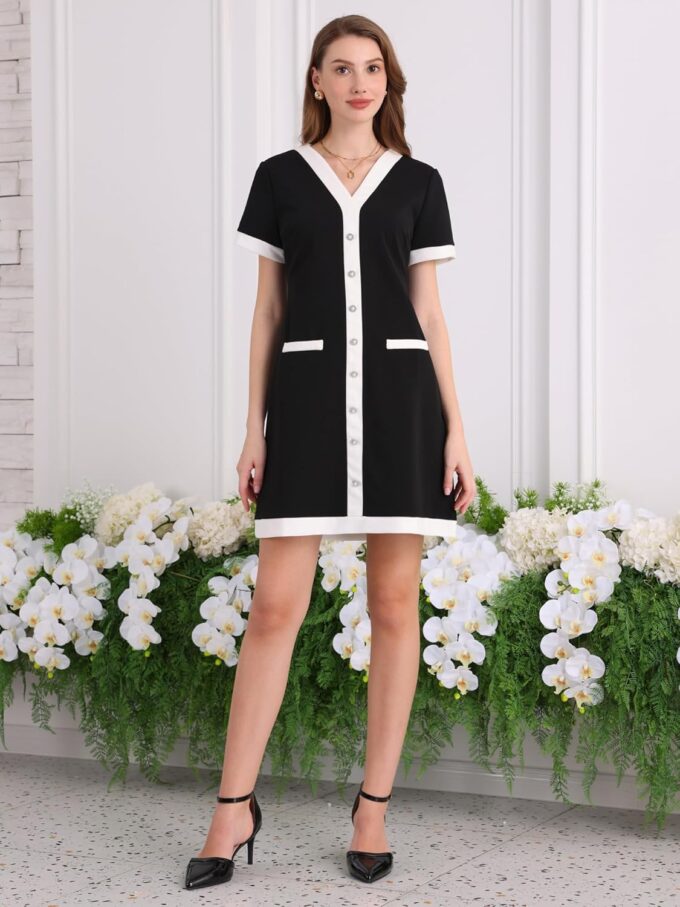 Hobemty Damen Kleid in Kontrastfarbe, V-Ausschnitt, kurze Ärmel, 2025, elegante Arbeit, A-Linie – Bild 2