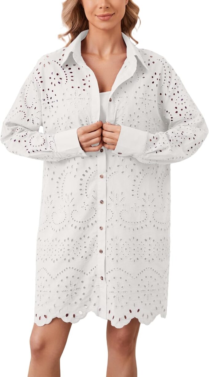 Women Hollow Out Eyelet Button Down Lapel V Neck Long Sleeve Ruffle Flowy Solid Oversized Loose Mini Shirt Dress – Bild 5