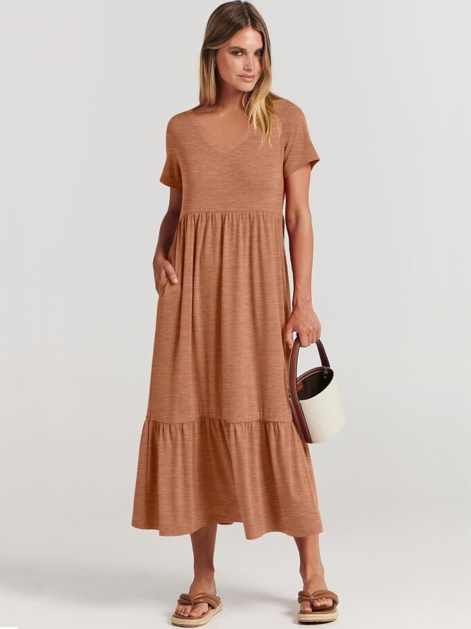 ANRABESS Women's Summer Casual Short Sleeve T Shirts Maxi Dress Flowy V Neck Tiered Beach Vacation Sundress 2025 Outfits – Bild 7